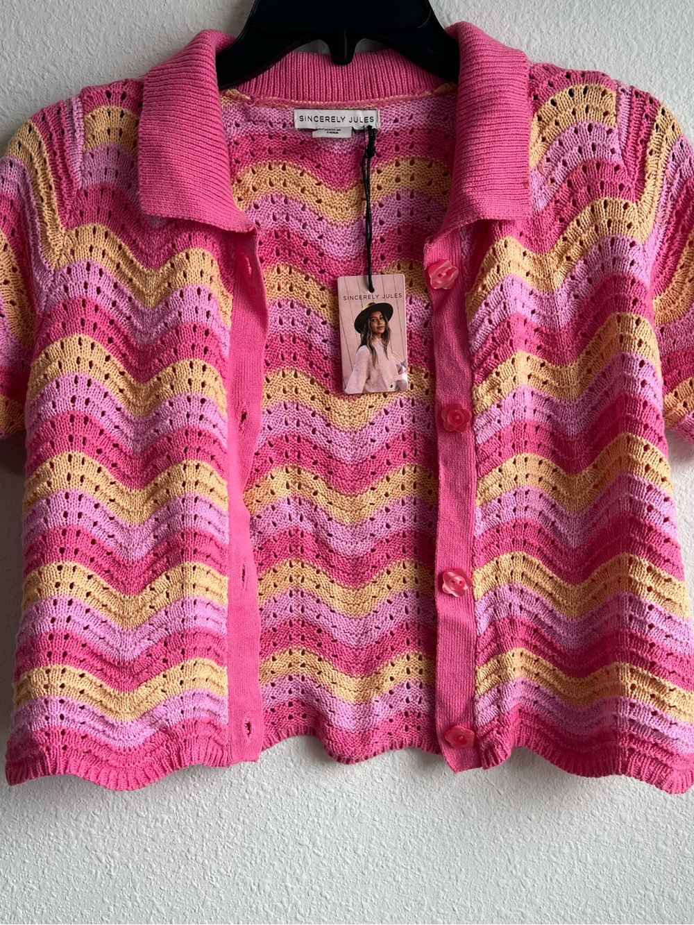 Sincerely Jules NWT Pink & Yellow Crochet Button-Front Cardigan Small